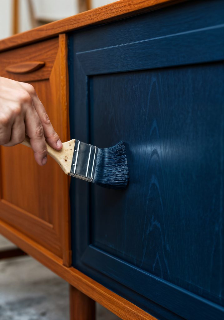 Remise en peinture au pinceau avec du bleu d'un meuble en bois. Image Freepik