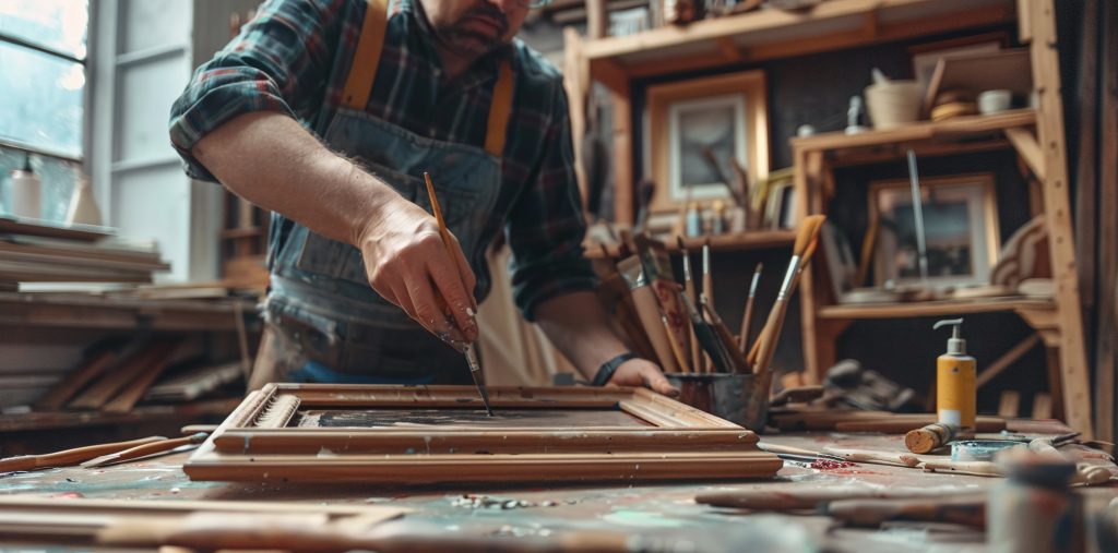 Rénovation de meuble par une personne dans un atelier d'art et d'artisanat. Image Freepik